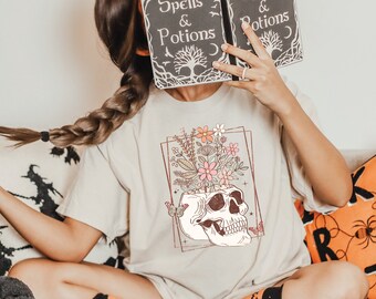 Bloom Skull Shirt, Halloween Shirt, Floral Skeleton Head Shirt, Women Fall Shirt, Flower Skull Skeleton TShirt, Skeleton Sweatshirt