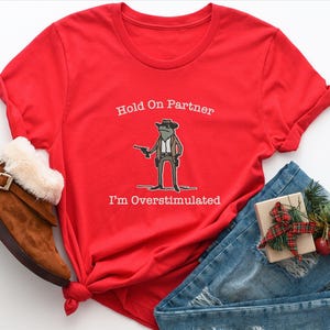 Hold On Partner Im Overstimulated Shirt, Cowboy Frog Sweatshirt, Unhinged Tshirt, Weirdcore Outfits, Gen Z Sweater, Funny Meme Hoodie Tee, Cowgirl Frog Women Sweatshirts, Western Frogs Girl Party Hoodies, Frog Gun Vacation Shirts,Holiday Cowgirls Tee