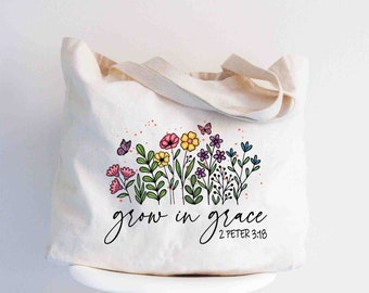 Grow in Grace Tote Bag, Christian Gift, Cute Tote, Jumbo Canvas Tote Bag, Grandma Tote, Bible Verse Gift, Church Tote Bag, Floral Church Bag