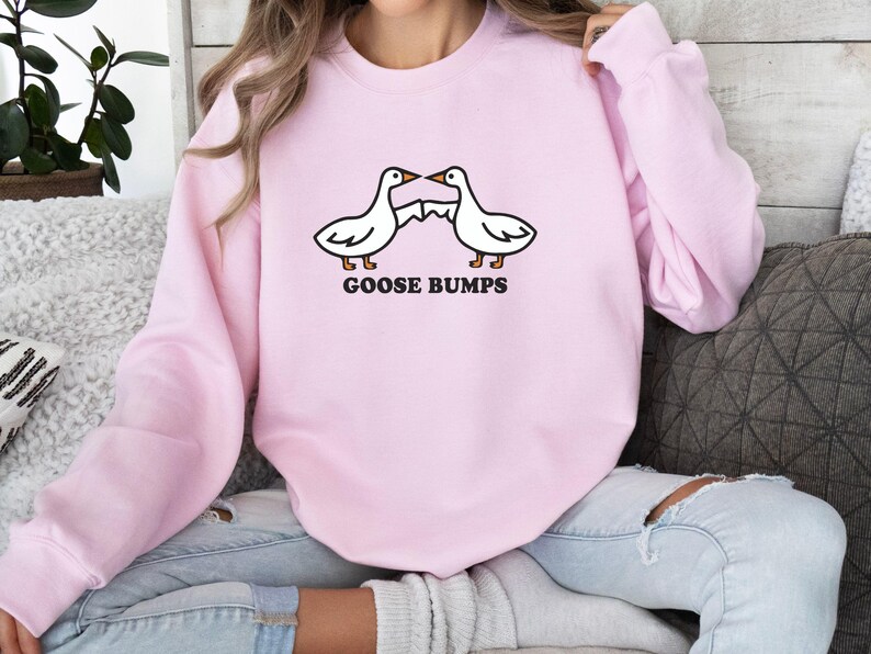 May include: A pink sweatshirt with a graphic of two geese facing each other with the text "Goose Bumps" underneath.