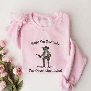 Hold On Partner Im Overstimulated Shirt, Cowboy Frog Sweatshirt, Unhinged Tshirt, Weirdcore Outfits, Gen Z Sweater, Funny Meme Hoodie Tee, Cowgirl Frog Women Sweatshirts, Western Frogs Girl Party Hoodies, Frog Gun Vacation Shirts,Holiday Cowgirls Tee