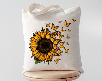 Sunflower with Butterflies Tote Bag, Aesthetic Tote Bag, Tote Gift For Her, Floral Tote, Cotton Zippered Tote Bag, Tote Shopper Gift