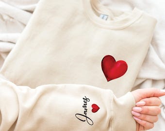 Custom Name On Sleeve Red Heart Sweatshirt, Valentines Gift For Her, Personalized Valentines Day Sweater, Valentine's Day Crewneck