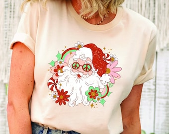 Christmas Santa Shirt, Retro Santa Shirt with Florals, Funny Retro Santa Hat Sweatshirt, Santa Flowers Retro Christmas Sweatshirt
