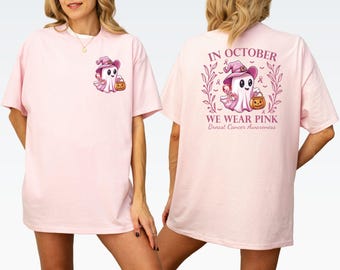 In October We Wear Pink Ghost Shirt, Halloween Gift Cancer Survivor Sweatshirt, Breast Cancer Awareness Hoodie, Pumpkin Wear Pink Ribbon Tee