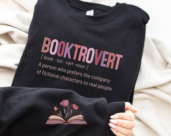 Booktrovert Definition Funny Sweatshirt, Book Lover Sweatshirt, Reading Girl Shirt, Floral Book On Sleeve Sweatshirt, Funny Reading Hoodie