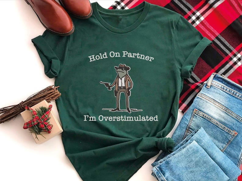 Hold On Partner Im Overstimulated Shirt, Cowboy Frog Sweatshirt, Unhinged Tshirt, Weirdcore Outfits, Gen Z Sweater, Funny Meme Hoodie Tee, Cowgirl Frog Women Sweatshirts, Western Frogs Girl Party Hoodies, Frog Gun Vacation Shirts,Holiday Cowgirls Tee