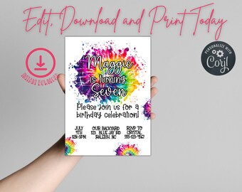 May include: A colorful tie-dye birthday invitation for a girl turning seven. The invitation features a rainbow tie-dye design with the text "Maggie is turning Seven". The invitation includes details for the party, including the date, time, location, and RSVP information.