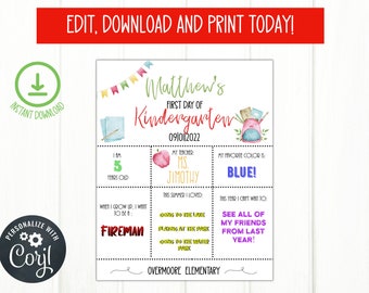 Editable Cute First Day of School Sign, Personalized School Sign, Printable School Sign, Back to School Sign, First Day of School