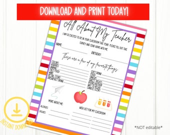 All about my teacher questionnaire, Back to school flyer, Back to school gift, Teacher printable. Teacher present,