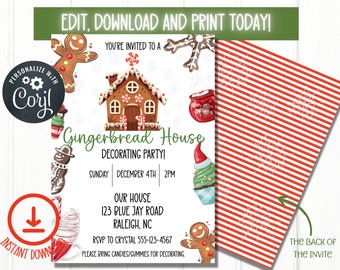 May include: A printable gingerbread house decorating party invitation with a red and white striped background. The invitation features a gingerbread house, a gingerbread man, a snowman, and a candy cane. The text on the invitation reads "You're invited to a Gingerbread House Decorating Party!" and includes the date, time, and location of the party. RSVP to Crystal 555-123-4567. Please bring candies/gumies for decorating.
