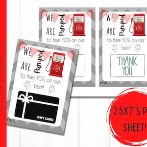 May include: Printable gift card template with a red gas pump graphic and the text "We are pumped to have you on our team!"  The template is designed for a 5x7 inch card and includes a space for a gift card.