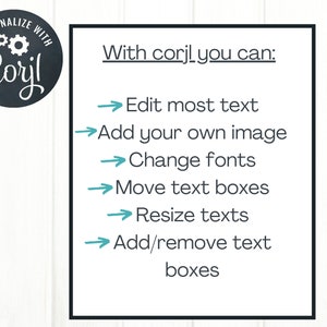May include: A white text box on a woodgrain background with the text "With corjl you can:" followed by a list of features: Edit most text, Add your own image, Change fonts, Move text boxes, Resize texts, Add/remove text boxes.