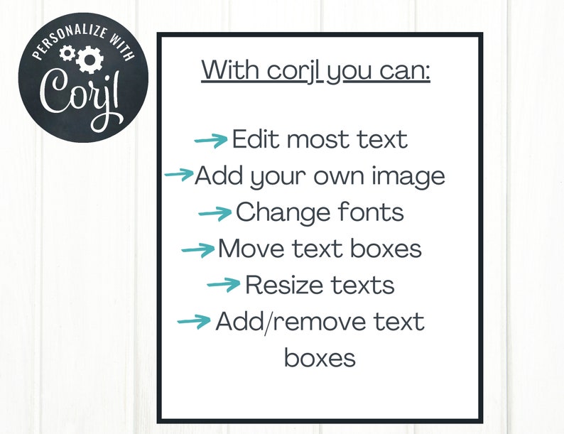 May include: A white text box on a woodgrain background with the text "With corjl you can:" followed by a list of features: Edit most text, Add your own image, Change fonts, Move text boxes, Resize texts, Add/remove text boxes.