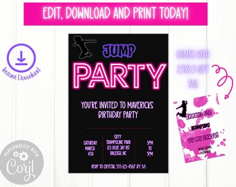 Jump Birthday Party Invitation | Trampoline Park Pink Birthday Invite | Bounce House Birthday Invite | Editable Invitation | #2