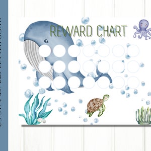 May include: A printable reward chart featuring a blue whale, an octopus, a sea turtle, and seaweed. The chart has 20 circles for marking progress. The text "REWARD CHART" is at the top of the chart.
