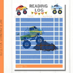 May include: A printable reading log with a monster truck theme. The log has spaces to record the date, title, author, start time, stop time, and number of pages read. The log is decorated with monster trucks and flags.
