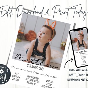 Editable Modern 1st birthday party invitation, Digital Invitation, Minimalist Birthday Invitation