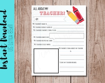 All about my Teacher | Teacher Appreciation Week | End of year teacher questionnaire | End of year printable | Teacher appreciation tag