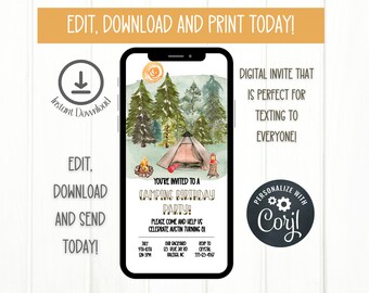 Invitación digital editable para la fiesta de camping, plantilla de camping, tema de camping, tema de cumpleaños de camping