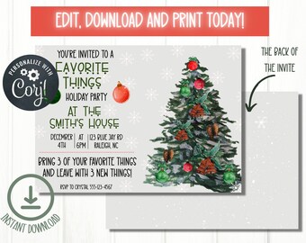 Puede incluir: Una invitación a una fiesta de Navidad imprimible con una ilustración de acuarela de un árbol de Navidad decorado. El texto de la invitación dice "Estás invitado a una fiesta de Navidad de Cosas Favoritas en la casa de los Smith" con detalles sobre la fecha, la hora y la ubicación de la fiesta. El texto también incluye "¡Trae 3 de tus cosas favoritas y vete con 3 cosas nuevas!" y un número de RSVP.