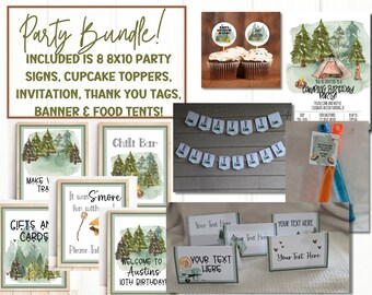 Paquete editable de fiesta de cumpleaños de camping, invitación de camping, invitación de Smore, cumpleaños temático de camping, cumpleaños de camping editable