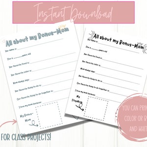 All About My Bonus-Mom Printable, Mother&#39;s Day Questionnaire, Black and White Printable, Preschool Project