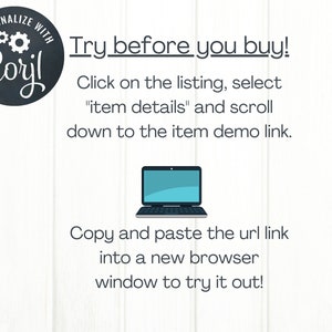 May include: A graphic with text that says "Try before you buy!" and instructions on how to view a demo of a product. The graphic includes a laptop computer icon.