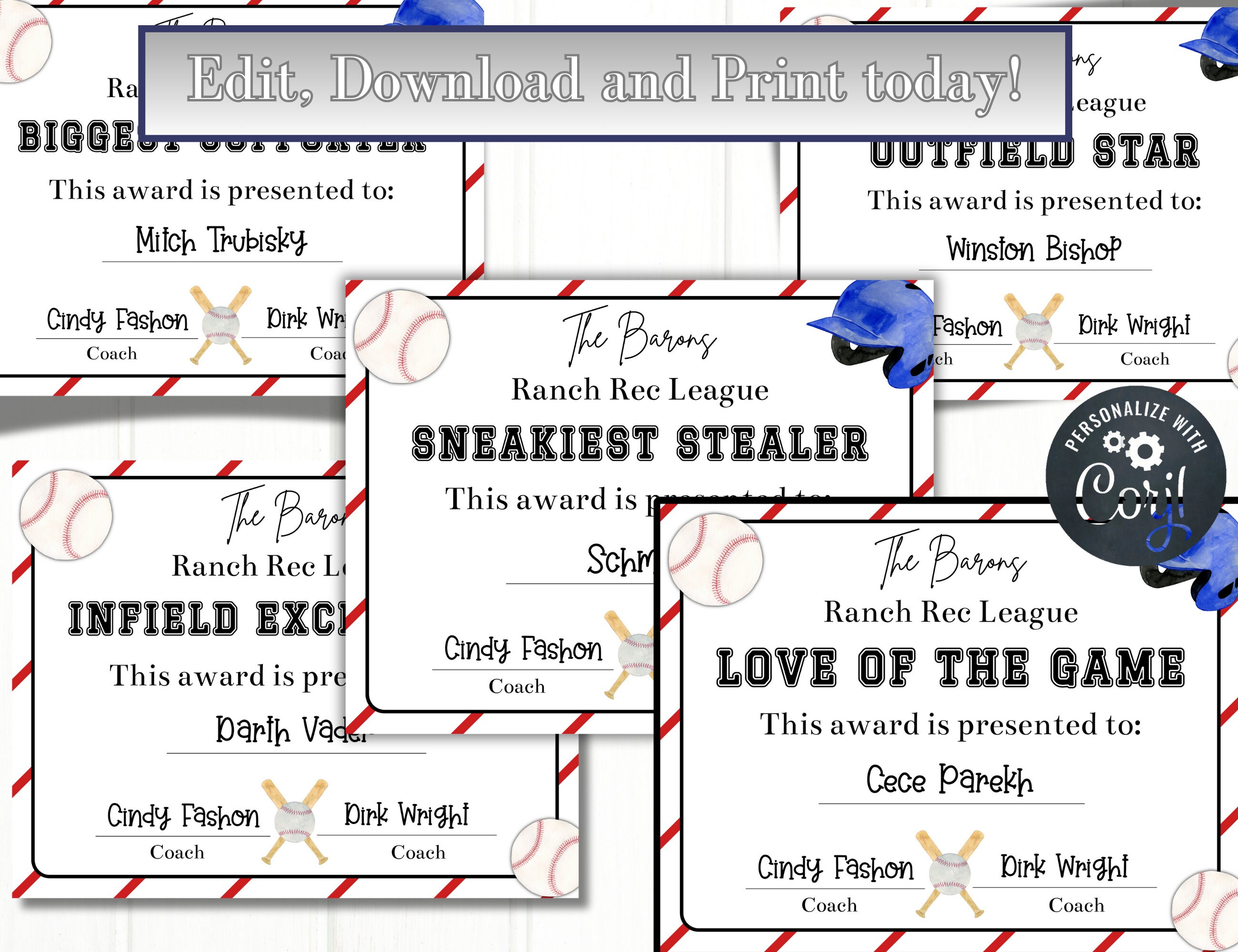 Editable Baseball Award Certificates, Baseball end of season awards 1