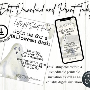 Może przedstawiać: Drukowane i cyfrowe zaproszenie na imprezę Halloweenową z duchem i tekstem "Let's get Sheet Faced" i "Join us for a Halloween Bash". Zaproszenie zawiera datę, godzinę, miejsce i informacje RSVP.