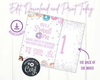 May include: A pink and purple donut-themed first birthday party invitation with a donut graphic and the text "She's a Sweet One!" and "Please join us to celebrate Emmalin's first birthday!" The back of the invitation has a large pink number one and a sprinkle pattern.