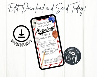 Bearbeitbare DIGITALE Baseball-Einladung zum Saisonende, Baseball-Themen-Geburtstagsparty-Einladung, Baseball-Thema