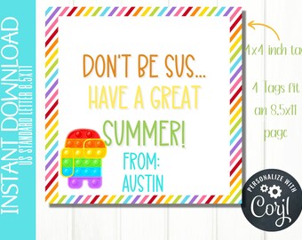 EDITABLE No seas sus... ¡Que tengas un gran verano! / Etiqueta de fin de año / Etiqueta del último día de la escuela / Etiqueta de favor de fiesta