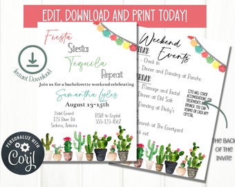 May include: A printable invitation for a bachelorette weekend party with a fiesta theme. The invitation features a cactus illustration and the text "Fiesta Siesta Tequila Repeat" and "Samantha Lyles August 13-15th".