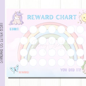 May include: A printable rainbow reward chart featuring a unicorn, butterfly, and sun. The chart has 20 circles to colour in as a reward system. The text on the chart reads "Reward Chart", "Start", "You Did It!" and "Reward:".