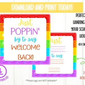 Just Poppin by to Say Welcome Back Tag, Instant Downloads, PTO PTA fidget toy favor tags, gift from teacher, welcome back to schol tag