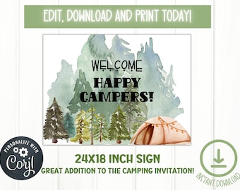 Redigerbar campingfestskylt 2, födelsedagsfestskylt, campingfest, festgårdsskylt, gör-det-själv-födelsedagsskylt, camping i trädgården, Smores födelsedag