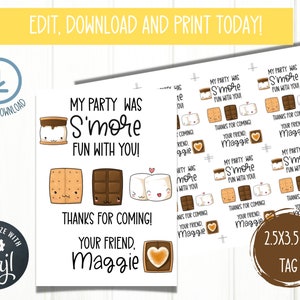 EDITABLE Smore's Party Tag | Birthday Tag | Editable Printable Birthday ...