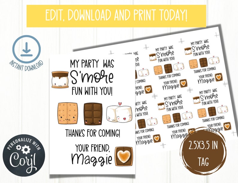 EDITABLE Smore's Party Tag | Birthday Tag | Editable Printable Birthday ...