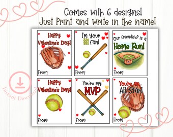 May include: Six printable Valentine's Day cards featuring baseball-themed designs. The cards include phrases like "Happy Valentine's Day!" and "You're my MVP".