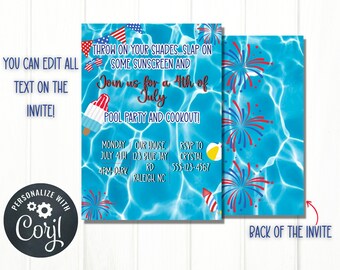 4th of July Pool Party and Cook Out Invitation | Editable 4th of July Pool Party Invite | Pool Party and Cookout