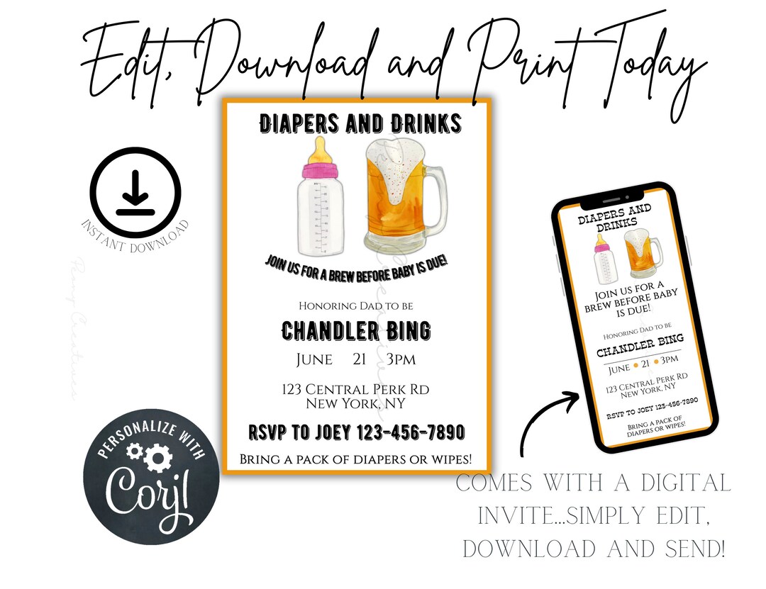 Editable Dudes Baby Shower Invite, Diapers and Drinks, Digital - Main Image