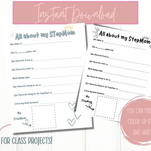 All About My StepMom Printable, Mother&#39;s Day Questionnaire, Black and White Printable, Preschool Project