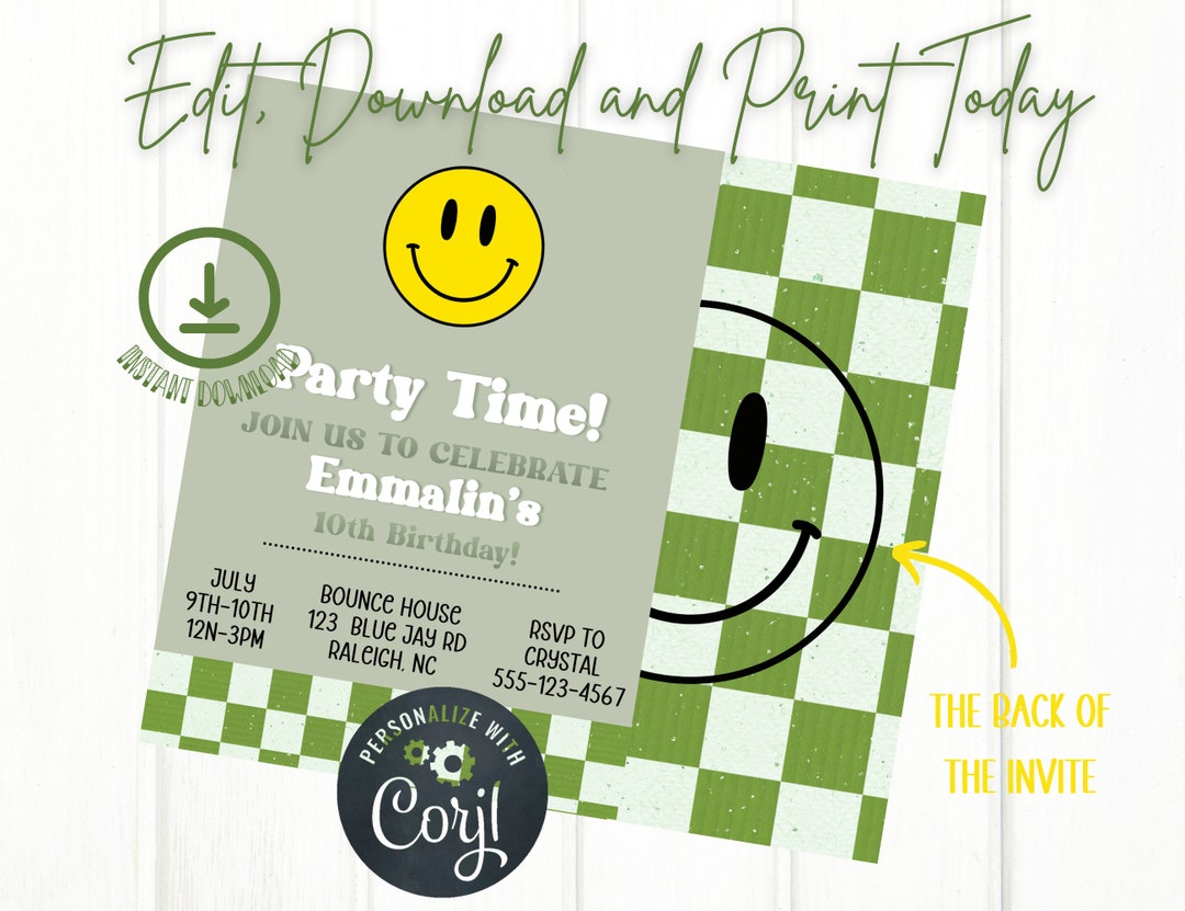Editable Smiley Birthday Invite Smiley Face Birthday Party Etsy