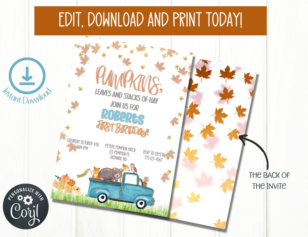 Fall Rally Invite Editable Fall Birthday Invite | Truck Themed Birthday Party Invitation ...