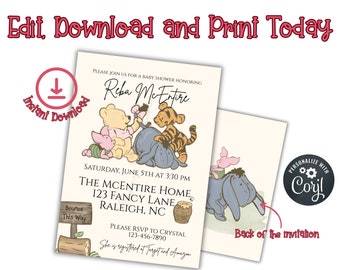 Winnie the Pooh Invitation, Editable invitation 5x7