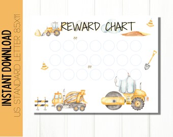 May include: A printable reward chart featuring a construction theme. The chart has 20 circles for stickers or stamps. The chart includes images of a cement mixer, a bulldozer, a steamroller, and construction cones.