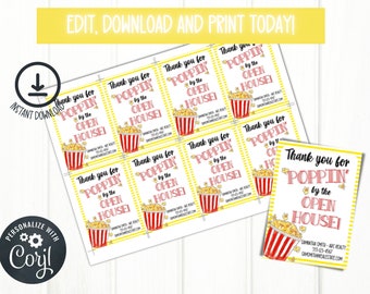 May include: Eight printable thank you cards with a yellow and white striped background. The cards feature a cartoon illustration of a red and white striped popcorn bucket with popcorn spilling out. The text on the cards reads "Thank you for POPPIN' by the OPEN HOUSE!" with a contact name and website address below.