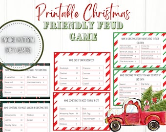 May include: Printable Christmas Friendly Feud game with red and green striped cards. The cards have questions about Christmas traditions, characters, and activities. The game includes enough material for 5 games.