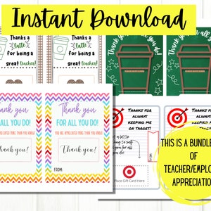 May include: A printable bundle of 4 teacher or employee appreciation cards. The cards feature a colorful chevron pattern, a coffee cup design, and a target design. The text on the cards says "Thank you for all you do!" and "Thanks for always keeping me on target!"